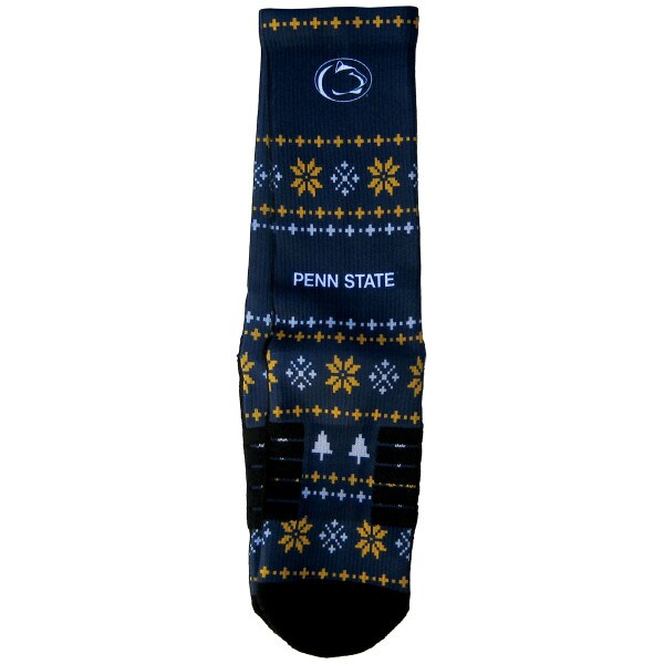 navy socks with holiday sweater motif, Penn State, and Athletic Logo